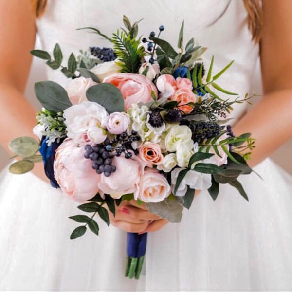 Navy wedding bouquet, Blush navy wedding flowers, blush bridesmaid bouquet, silk wedding flowers, bridal flowers, peony rose bouquet, blush