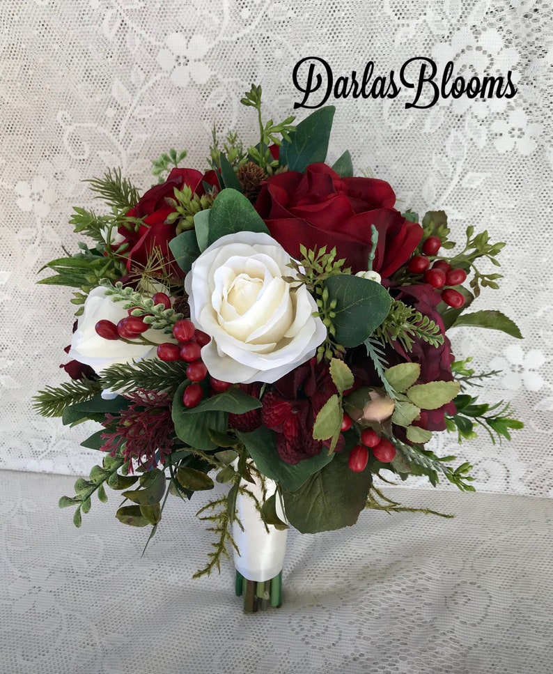 Burgundy bridal bouquet,Wedding bouquet,Winter bouquet,Bridal bouquet,Evergreen bouquet,Burgundy Red Bouquet,Silk Floral bouquet image 6