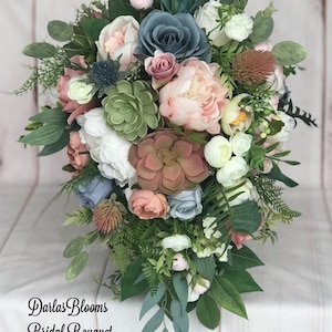 Cascade bouquet, Dusty blue wedding flowers, Silk wedding bouquet, Dusty Rose bouquet, Dusty blue bridal bouquet, Cascade Bridal bouquet