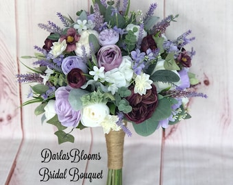 Lavender flowers, plum and lavender bouquet, lilac, wisteria flowers, boho bouquet, wild flower bouquet, bridesmaid bouquet, silk flowers