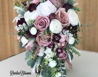 Dusty rose wedding flowers, Plum and mauve cascade bouquet,cascade bridal bouquet, artificial wedding flowers,mauve plum silk flowers,quartz