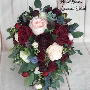 Cascade wedding bouquet, Burgundy & Dusty blue bouquet, Silk wedding flowers, Dusty blue wedding flowers, Cascade bridal bouquet