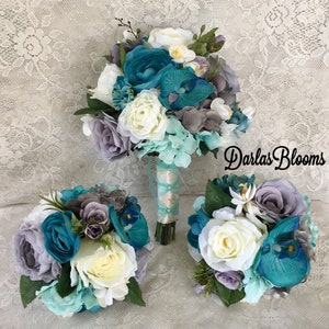 Wedding Bouquet, Turquoise Bridal Bouquet, Turquoise Teal Wedding bouquet, Silk Wedding Flowers, Gray/Silver Wedding Flowers, Beach Wedding