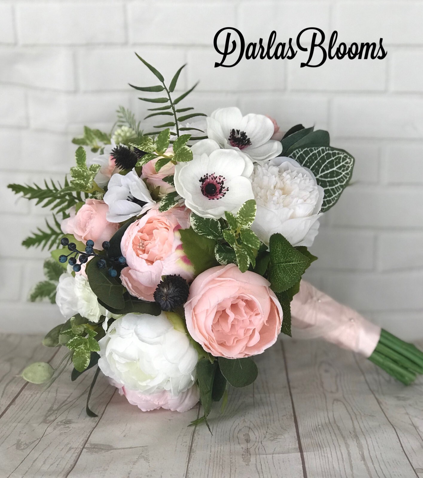 Blush wedding bouquet, Navy & blush artificial flowers, Anemone Peony bouquet, Silk wedding flowers, Pink navy bouquet, Blush bridesmaid