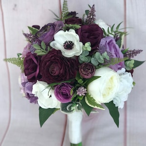 Ramo de novia color ciruela, ramo de novia morado, ramo de lavanda y ciruela, flores de boda de seda, flores de boda color morado ciruela, ramo de novia