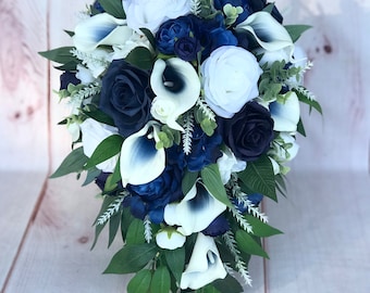 Bridal bouquet, cascade, navy blue wedding flowers, silk wedding flowers, navy wedding, Cala lily bouquet, navy white, bridesmaid, waterfall