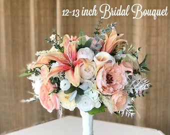 Peach wedding bouquet, Artificial wedding flowers, Peach orange coral blush bouquet, Lily bouquet, Rustic bouquet, bridesmaid bouquet, faux