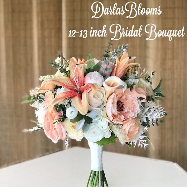 Peach wedding bouquet, Artificial wedding flowers, Peach orange coral blush bouquet, Lily bouquet, Rustic bouquet, bridesmaid bouquet, faux