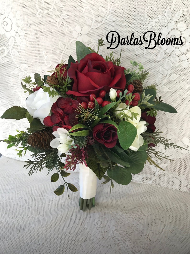 Burgundy bridal bouquet,Wedding bouquet,Winter bouquet,Bridal bouquet,Evergreen bouquet,Burgundy Red Bouquet,Silk Floral bouquet image 2