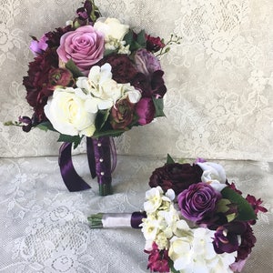 Bridal bouquet, Plum wedding flowers, plum purple silk wedding flowers, wedding bouquet, bridesmaid bouquet, rose hydrangea bouquet, vintage image 1