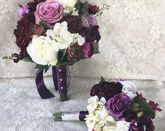 Bridal bouquet, Plum wedding flowers, plum purple silk wedding flowers, wedding bouquet, bridesmaid bouquet, rose hydrangea bouquet, vintage