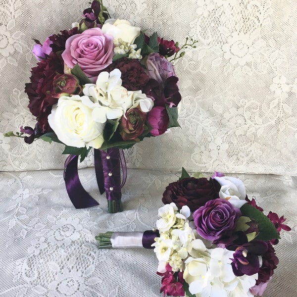 Bridal bouquet, Plum wedding flowers, plum purple silk wedding flowers, wedding bouquet, bridesmaid bouquet, rose hydrangea bouquet, vintage