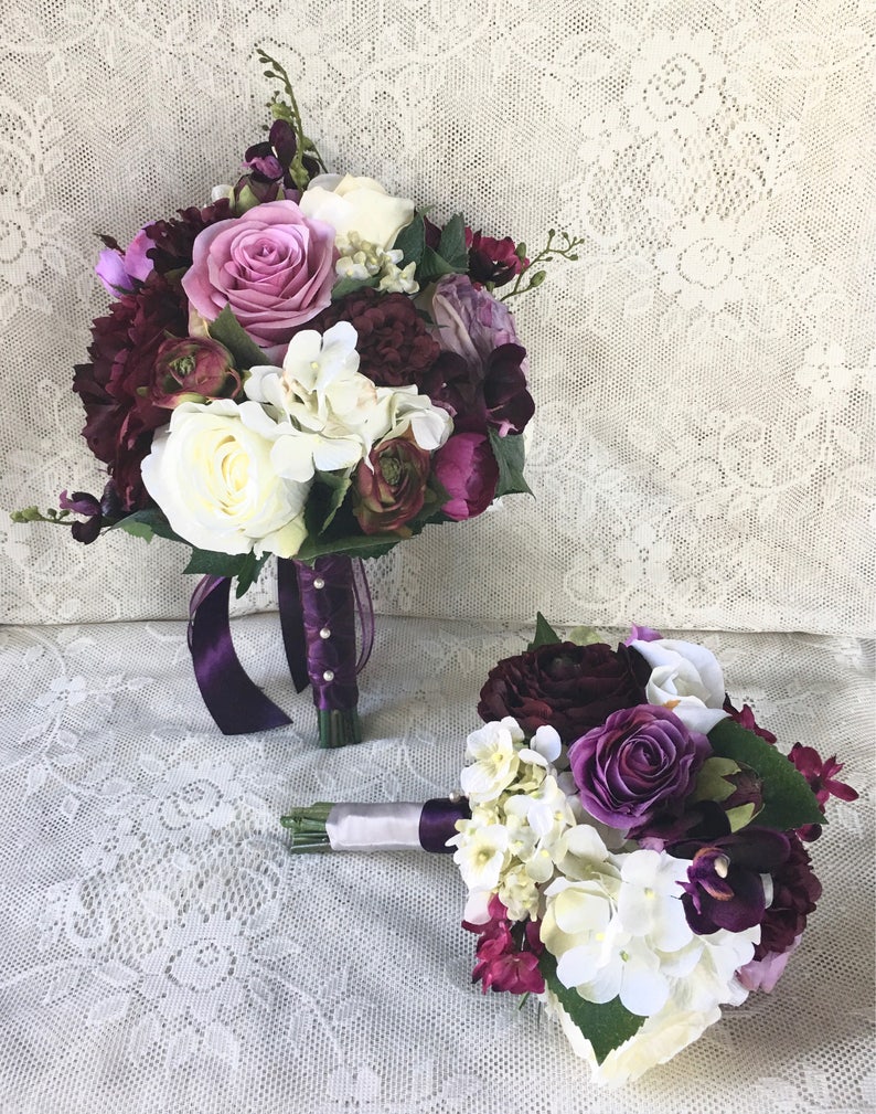 Bridal bouquet, Plum wedding flowers, plum purple silk wedding flowers, wedding bouquet, bridesmaid bouquet, rose hydrangea bouquet, vintage bridal bouquet