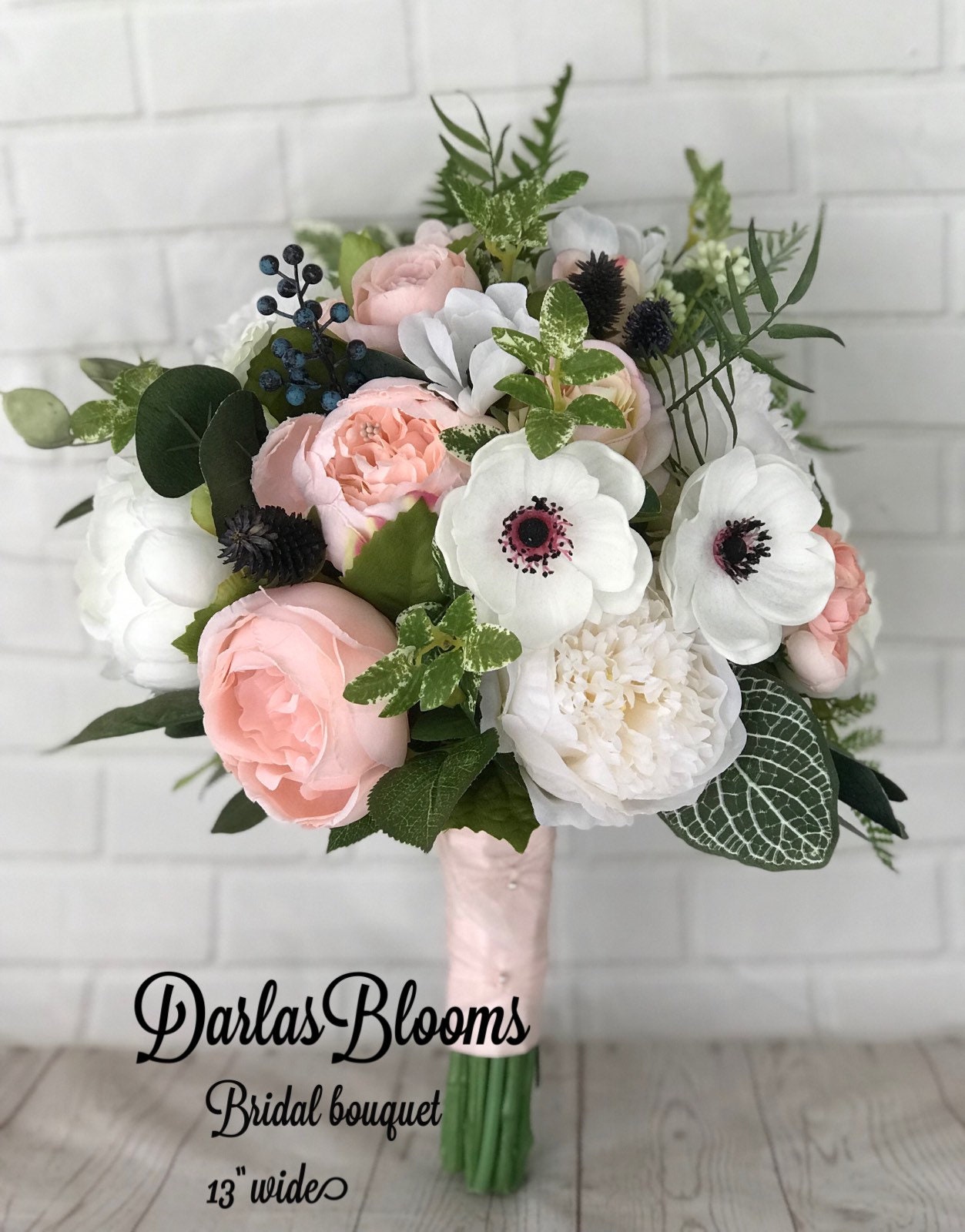 Blush wedding bouquet, Navy & blush artificial flowers, Anemone Peony bouquet, Silk wedding flowers, Pink navy bouquet, Blush bridesmaid