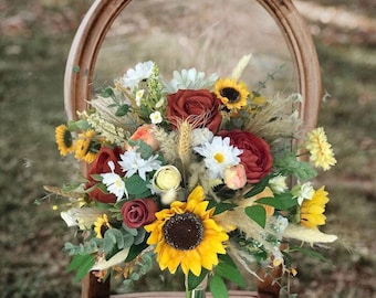 Sunflower bouquet, Burnt orange Terracotta flowers, Wild flower bouquet, Silk wedding flowers, artificial bridal bouquet, daisies,bridesmaid