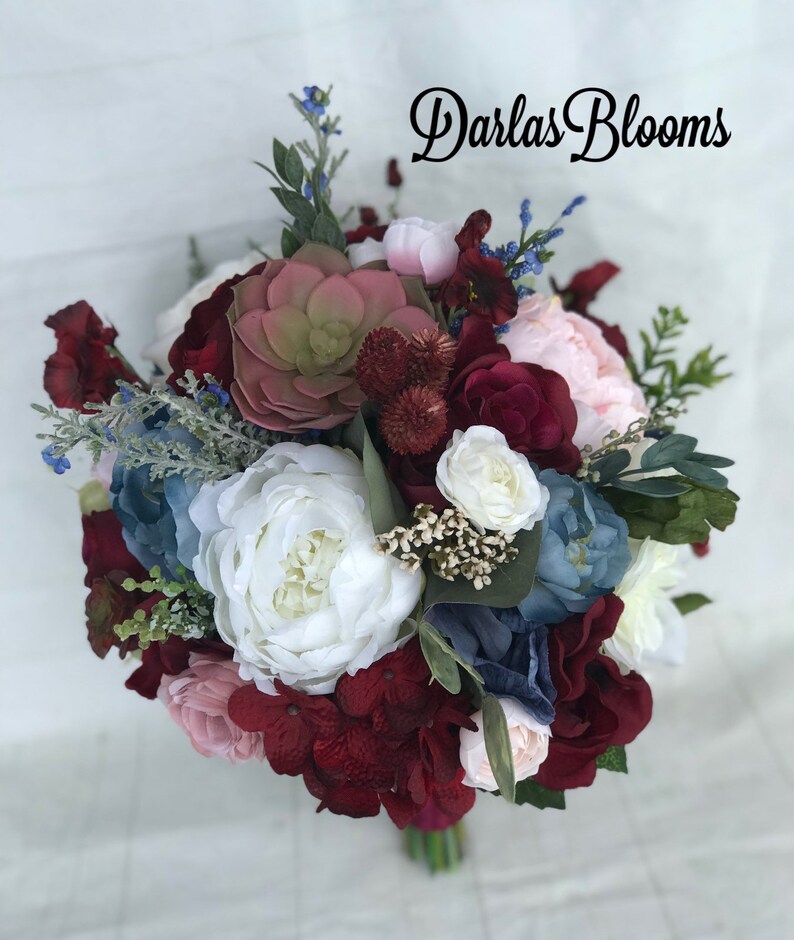 Burgundy wine Wedding bouquet Dusty blue bouquet Steel