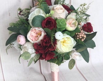 Burgundy bridal bouquet, Blush Burgundy wedding flowers, Silk Bridal bouquet, Silk wedding flowers, Burgundy bridesmaid bouquet,Boho bouquet
