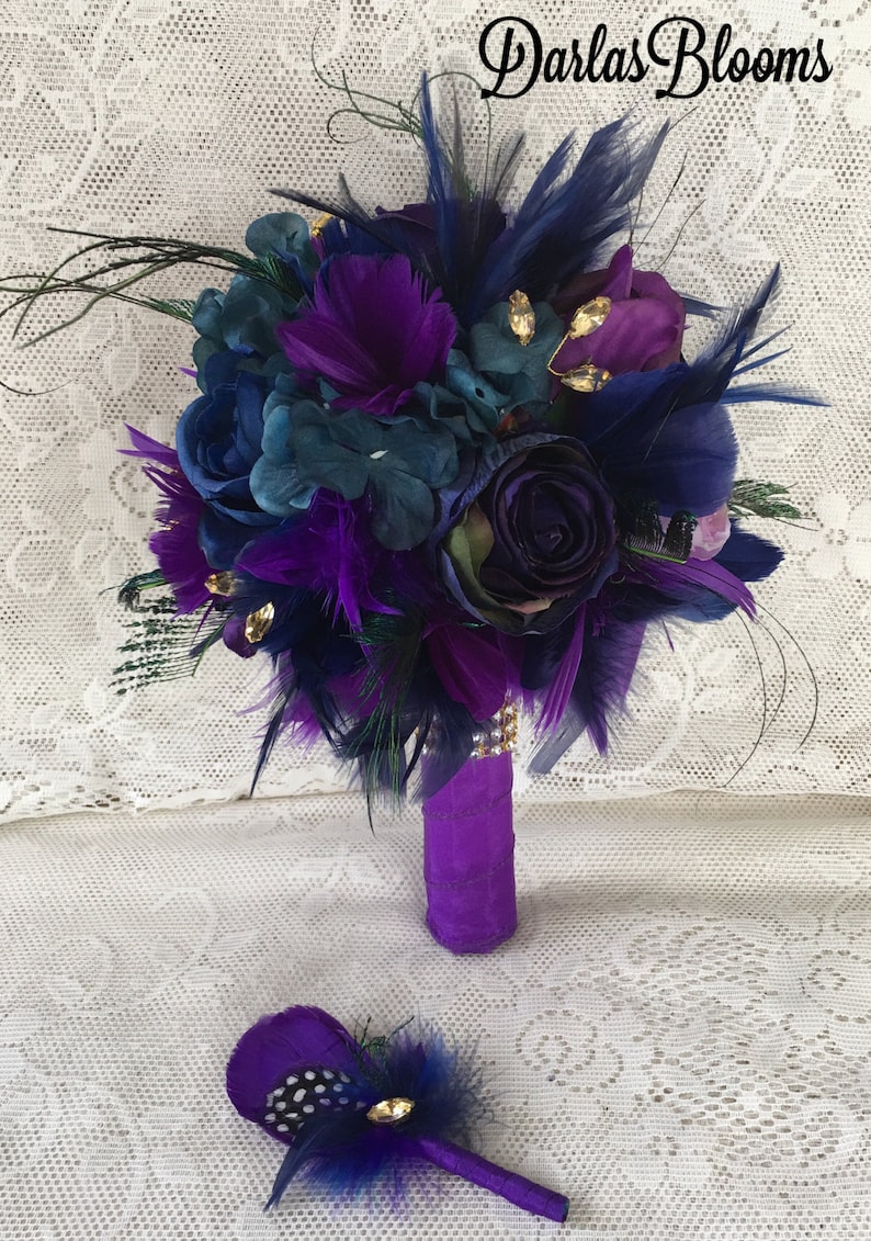 Peacock wedding bouquet,Purple bridal bouquet,Peacock Wedding,Feather bouquet,Teal bouquet,Alternative bouquet,Silk flower bouquet