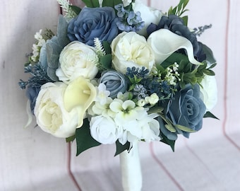 Dusty blue wedding flowers, Wedding bouquet, Blue faux wedding flowers, Pale blue and white floral bouquet, Boho bridal bouquet, Bridesmaid