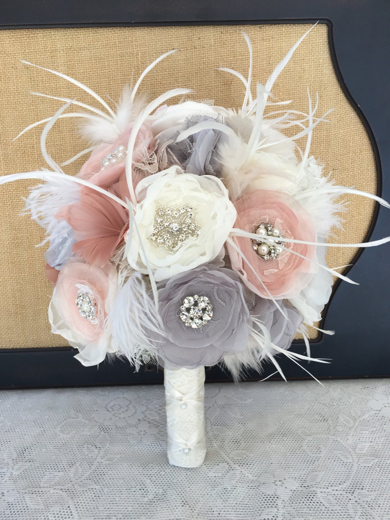 MANY COLORS Fabric flower Bridal bouquet Wedding bouquet Vintage bouquet Bridal brooch bouquet Feather bouquet Blush /& Gray bouquet