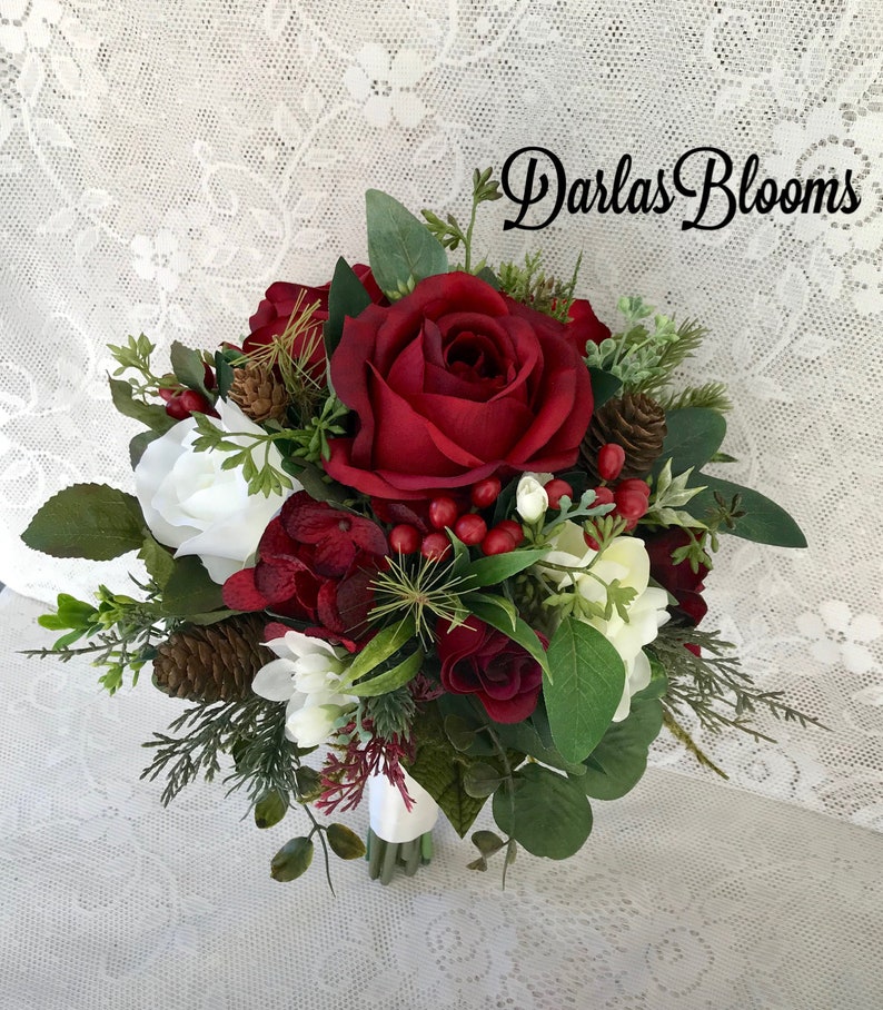 Burgundy bridal bouquet,Wedding bouquet,Winter bouquet,Bridal bouquet,Evergreen bouquet,Burgundy Red Bouquet,Silk Floral bouquet image 5