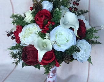 Winter wedding bouquet, Christmas wedding flowers, Red White wedding flowers, Winter bridesmaid flowers, Pine evergreen bouquet, Bridal