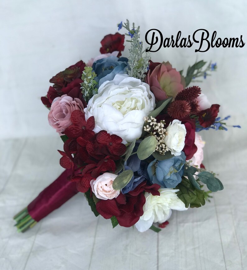 Burgundy wine Wedding bouquet Dusty blue bouquet Steel