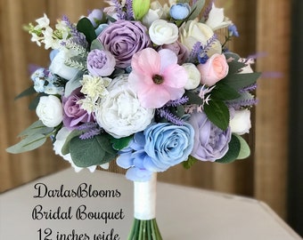 Lavender bridal bouquet, light blue, pink, lavender wedding flowers, pastel artificial flowers, lilac, baby blue, bridesmaid bouquet, silk