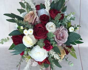 Burgundy bouquet, Boho bouquet, Burgundy Mauve wedding flowers, eucalyptus, burgundy wine ivory bouquet mauve bridesmaid, bridal bouquet