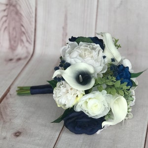 Navy bridal bouquet,Wedding bouquet,Bridal bouquet,Navy wedding flowers,Silk flowers,Wedding accessories,Calla lily bouquet,Something Blue image 7