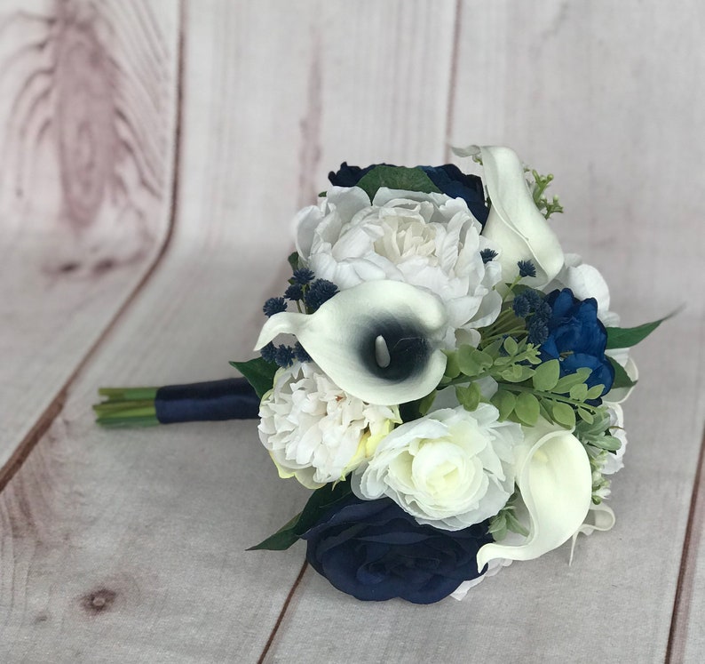 Navy bridal bouquet,Wedding bouquet,Bridal bouquet,Navy wedding flowers,Silk flowers,Wedding accessories,Calla lily bouquet,Something Blue image 7