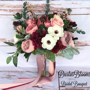 Wedding bouquet, Burgundy & Dusty rose bouquet, Mauve bouquet, Boho bouquet, Faux bouquet, Dusty rose silk flowers, Burgundy silk flowers