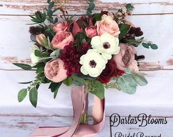 Wedding bouquet, Burgundy & Dusty rose bouquet, Mauve bouquet, Boho bouquet, Faux bouquet, Dusty rose silk flowers, Burgundy silk flowers