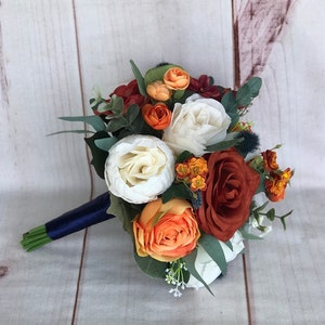 Wedding bouquet, terracotta orange bouquet, rust and navy wedding flowers, burnt orange and ivory, bridesmaid bouquet, burnt orange flowers