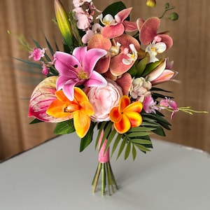 Tropical flowers, Pink Orange Coral bouquet, Orchid bouquet, Bright colored wedding flowers, Beach wedding, Tropical silk flowers, Lily