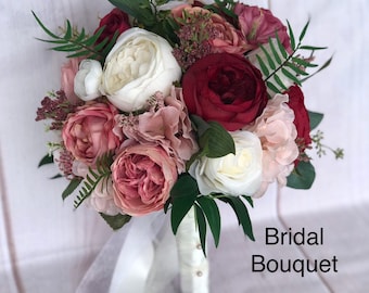 Ansuma 9 Inch Burgundy Rose Bridal Bouquet - Blush Pink White Real Touch Silk Flowers For Wedding, Home Decor
