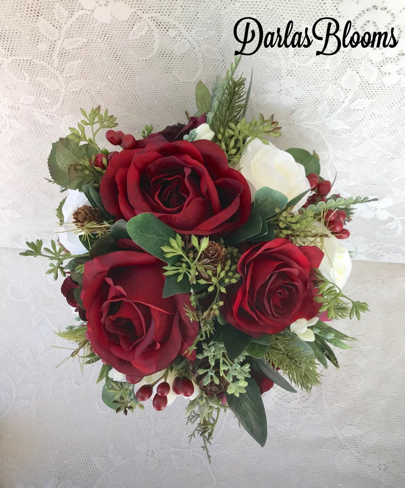 Burgundy bridal bouquet,Wedding bouquet,Winter bouquet,Bridal bouquet,Evergreen bouquet,Burgundy Red Bouquet,Silk Floral bouquet image 3