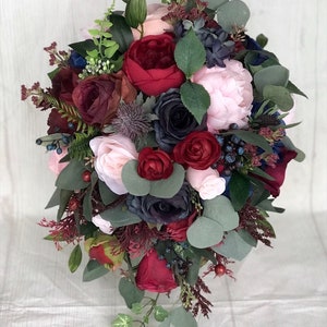 Cascade wedding bouquet, Bridal bouquet, Waterfall bouquet, Burgundy & navy wedding flowers, Navy burgundy bouquet, Faux bouquet, Cascading