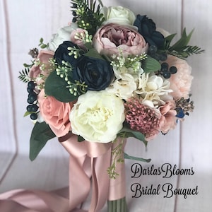 Dusty rose bouquet, Wedding bouquet, Mauve bridal bouquet, Navy blue bouquet, Blush bouquet, Faux wedding bouquet, Bridesmaid bouquet