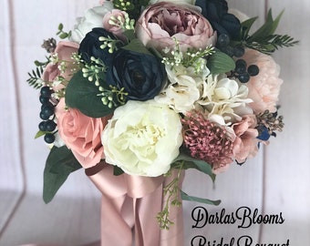 Dusty rose bouquet, Wedding bouquet, Mauve bridal bouquet, Navy blue bouquet, Blush bouquet, Faux wedding bouquet, Bridesmaid bouquet