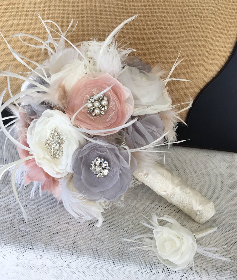 MANY COLORS Fabric flower Bridal bouquet Wedding bouquet Vintage bouquet Bridal brooch bouquet Feather bouquet Blush /& Gray bouquet