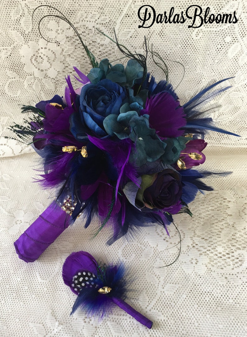 Peacock wedding bouquet,Purple bridal bouquet,Peacock Wedding,Feather bouquet,Teal bouquet,Alternative bouquet,Silk flower bouquet