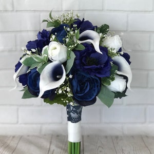 Royal Blue Black Rose Calla Lily Bridal Wedding Bouquet Accessories 