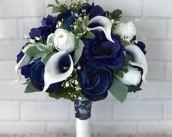 Navy bridal bouquet,Wedding bouquet,Bridal bouquet,Navy wedding flowers,Silk flowers,Wedding accessories,Calla lily bouquet,Something Blue