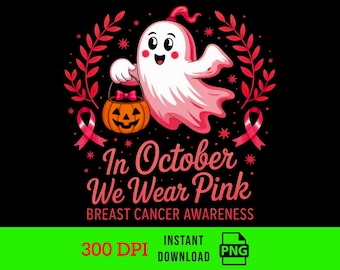 Retro Pink Ghost PNG: Breast Cancer Awareness, Halloween Sublimation (Digital Download)