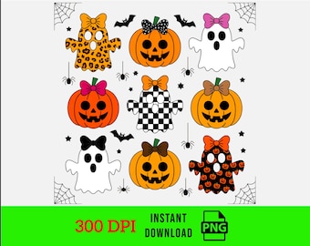 Retro Halloween Ghost PNG: Coquette Pumpkin, Checkered Cherries (Digital Download)