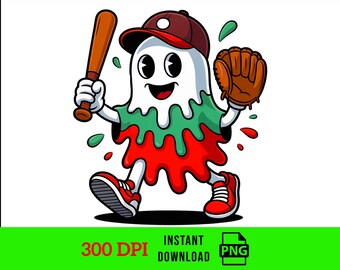 May include: A cartoon ghost character in a baseball uniform, holding a bat and glove. The ghost wears a brown baseball cap and red trainers. The design includes the text "300 DPI" and "INSTANT DOWNLOAD PNG".