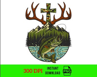 Faith Fishing Hunting PNG, Camo Cross With Hook, Antlers and Bass Design, Outdoor Southern, Christian Statement, Fisherman Christian