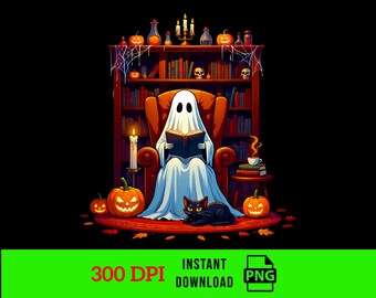 Retro spooklezing png: gezellige Halloween-boekenliefhebber clipart (digitale download)