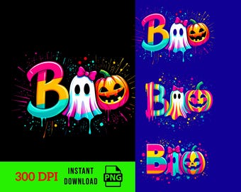 Neon Halloween Ghost Bow PNG Bundle: Preppy Spooky Clipart (3 Files) (Digital Download